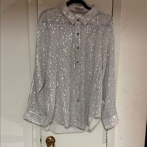 Sequin Button-Up Blouse - Silver